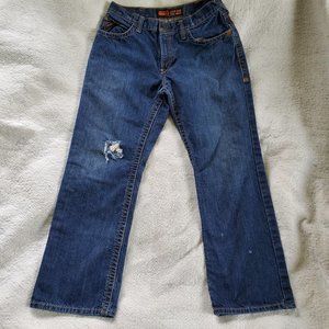 Ariat FR M4 Low Rise Boot Cut Distressed Jeans, Sz 33x30